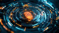Digital fingerprint scan with glowing orange biometric circles and futuristic interface elements on dark background. Security technology concept.