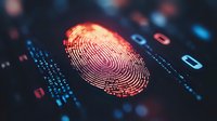 Digital fingerprint scan with red illumination and binary code data stream on dark background, representing modern biometric security and identity verification technology.