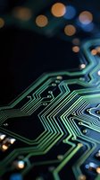 Close-up of green circuit board pathways with glowing components and blurred bokeh lights, representing technology, data processing, and digital innovation for tech industry applications.