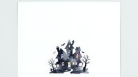 Haunted house silhouette with bats and bare trees on isolated white background, ready for Halloween designs, invitations, and merchandise applications.