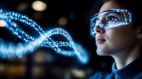 Young Asian woman in protective glasses observing glowing blue digital DNA strand visualization, representing biotechnology and genetic research advancement.