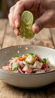 Hand squeezing fresh lime juice over ceviche with raw fish, red onion, cilantro and peppers in ceramic bowl for seafood cooking and recipe preparation.