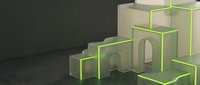 Stacked geometric boxes with neon green glowing edges on dark background, modern minimalist design for contemporary art, architecture visualization, and digital projects.