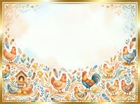 Watercolor farm animals border frame with chickens, roosters and chicks on white background for rustic country design projects and invitations.