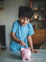 Young boy in blue t-shirt inserting coin into pink piggy bank, learning about saving money in cozy home environment.