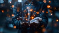 Magical glowing digital sphere floating above hands with network connections and light particles, perfect for technology innovation and digital transformation concepts.