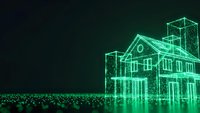 Digital wireframe house model with glowing green neon lines on dark background, representing smart home technology and architectural visualization concepts.