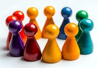 Colorful wooden game pieces arranged in semi-circle formation on white background, showing diversity and teamwork concept. Isolated pawns ready for creative design use.