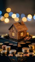 Wooden miniature house with glowing windows surrounded by coins and bokeh lights representing real estate investment and property savings concept.