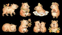 Cute watercolor capybara characters set isolated on transparent background, ready for stickers, t-shirt design, clipart, print on demand, and sublimation projects.