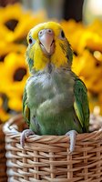 Yellow-headed Amazon parrot perched in wicker basket with sunflowers in background, showing bright plumage and expressive face in close-up portrait view.