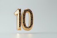 Golden glittery number 10 floating on light background, isolated decorative numeral for anniversary, birthday or ranking design elements.