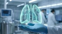 Holographic lungs floating above gloved hand in modern medical facility. Healthcare technology concept for respiratory medicine and pulmonology research.