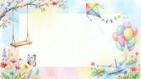 Watercolor spring frame with swing, kite, balloons, butterfly and flowers on white background for children design, greeting cards and party invitations.