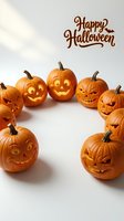 Carved jack-o'-lantern pumpkins arranged in circle with glowing faces and Happy Halloween text on white background. Seasonal decoration for autumn holidays.