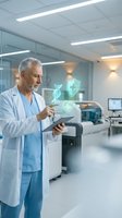 Senior male doctor using digital tablet with holographic medical icons in modern hospital laboratory for healthcare technology applications.
