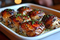 Juicy glazed chicken thighs with crispy caramelized skin, garnished with fresh herbs and served in savory sauce on white ceramic baking dish, close-up food photography.