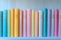 Row of colorful hardcover books arranged on white wooden shelf, featuring pastel blue, yellow, pink, and turquoise spines creating minimalist rainbow pattern.