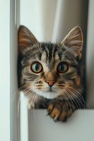 Close-up portrait of curious tabby cat with bright blue eyes peeking through window or doorway. Perfect for pet care, veterinary services, or animal behavior articles.