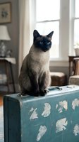 Siamese cat with dark points and blue eyes sitting on vintage suitcase in bright living room with windows, home interior setting.