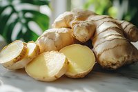 Fresh ginger root with sliced pieces on marble surface, showing internal yellow flesh and brown skin in natural lighting with green plant background.