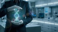 Businessman in suit holding glowing DNA helix hologram in modern laboratory representing genetic research, biotechnology innovation and medical science advancement.