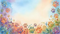 Watercolor floral border with colorful paw prints and botanical elements on white background, isolated design for greeting cards, invitations, pet-themed projects.