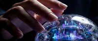 Businessman hand touching futuristic holographic interface with digital city skyline and data visualization technology concept for smart urban planning.
