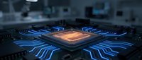 Advanced microprocessor chip with glowing orange core and blue circuit pathways on dark motherboard background for technology and computing applications.