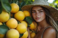 Young woman in straw hat near ripe yellow oranges on tree in garden, natural summer beauty portrait with fresh citrus fruits and green leaves.