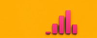 Pink cylindrical bars forming ascending chart pattern on bright orange background for business analytics and data visualization presentations.