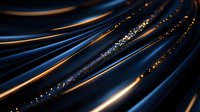 Abstract flowing lines with golden light trails and sparkling particles on dark blue background for modern digital design and technology concepts.