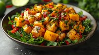 Roasted butternut squash salad with arugula, pomegranate seeds and herbs on dark plate. Healthy autumn vegetarian meal with seasonal vegetables and greens.