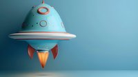 Flying saucer spacecraft in retro style with rocket boosters against blue background. Minimalist space exploration concept with copy space for text.