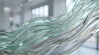 Flowing transparent glass wave sculpture with smooth curves and light reflections in a modern interior setting.