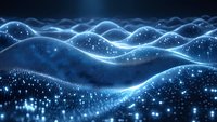 Abstract digital waves with glowing blue particles flowing across dark background, representing data streams, technology, and network connectivity for digital transformation concepts.