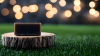 Handmade soap bar on wooden slice against blurred bokeh lights and green grass background creates natural spa atmosphere and organic skincare concept.