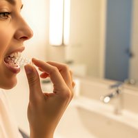Young woman inserting clear dental aligner in modern bathroom mirror reflection showing orthodontic treatment and oral hygiene routine.