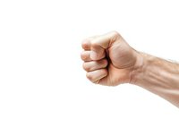 Male hand clenched in fist showing anger, power, or determination against white background, isolated for easy integration into designs.