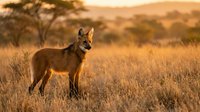 Wild coyote standing alert in golden grassland during sunset with acacia tree and rolling hills creating warm African savanna landscape atmosphere.