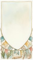 Watercolor card frame with bunting flags, kitchen tools, rolling pin, whisk, herbs, and mortar in soft vintage tones with copy space.