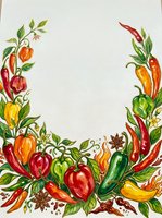 Watercolor frame featuring vibrant peppers, tomatoes, and spices arranged on isolated white background, ready for culinary design, recipe cards, and food packaging projects.