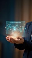Businessman holding holographic customer experience map with interconnected nodes showing awareness, purchase, loyalty and engagement touchpoints for marketing strategy.