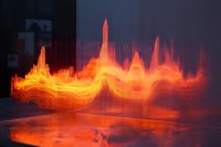 Vibrant orange sound wave visualization with dynamic peaks and valleys reflecting audio frequency spectrum against dark background.