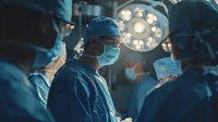 Focused surgeon in protective mask and cap performing operation in modern hospital theater with team and surgical lights in background. Medical procedure.