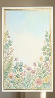 Watercolor floral frame with pastel roses, ferns, and butterflies on soft blue background, gold border, copy space for wedding or greeting card.