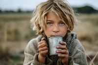 Young blonde child drinking from metal cup outdoors in rural countryside setting during golden hour light for lifestyle photography.
