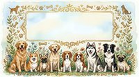 Group of diverse dog breeds sitting together in ornate golden floral frame with decorative border elements for pet-themed designs and animal lover content.