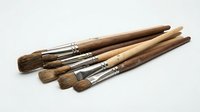 Artist paintbrushes with natural bristles and wooden handles arranged on white background for art, painting, and creative projects.