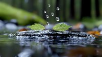 Water drops splashing on green leaf floating in dark pond surface with bokeh effect and falling droplets creating ripples in natural environment.
